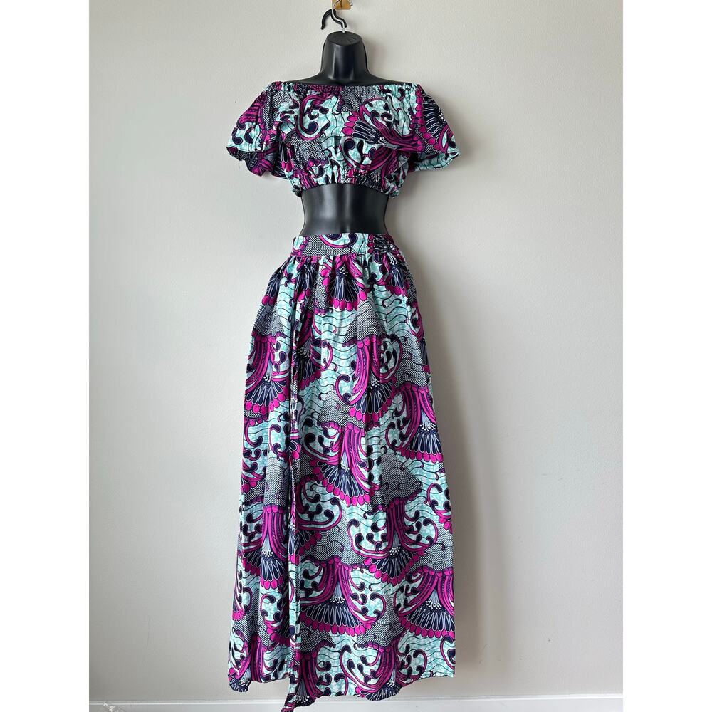 Öfuurë Two Piece Ankara Print Crop Top Maxi Skirt Set Off Shoulder High Slit S